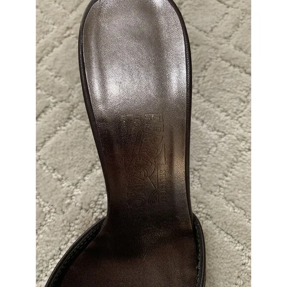 Salvatore‎ Ferragamo Brown/Metallic Grey Leather Fringe Slide Sandals Size 7