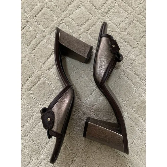 Salvatore‎ Ferragamo Brown/Metallic Grey Leather Fringe Slide Sandals Size 7