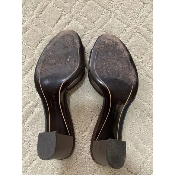 Salvatore‎ Ferragamo Brown/Metallic Grey Leather Fringe Slide Sandals Size 7