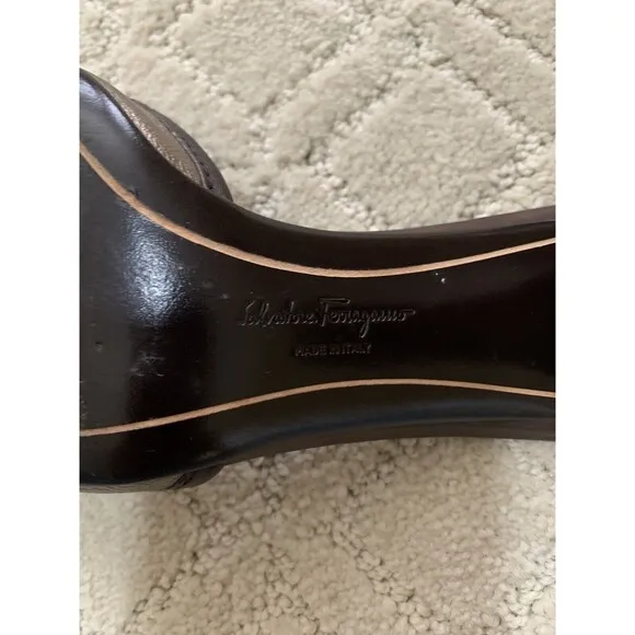 Salvatore‎ Ferragamo Brown/Metallic Grey Leather Fringe Slide Sandals Size 7