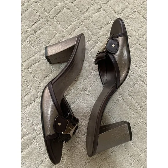 Salvatore‎ Ferragamo Brown/Metallic Grey Leather Fringe Slide Sandals Size 7