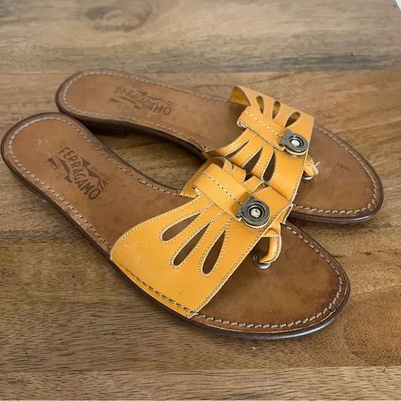 Salvatore Ferragamo Yellow Leather Slip on Sandals Size 8.5