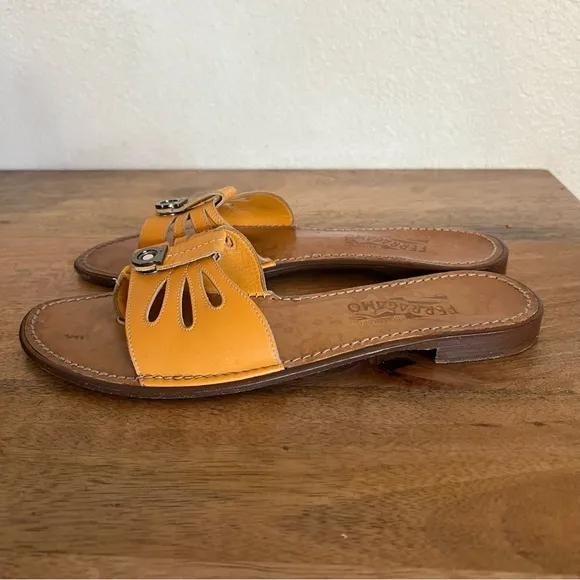 Salvatore Ferragamo Yellow Leather Slip on Sandals Size 8.5