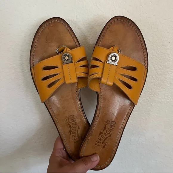 Salvatore Ferragamo Yellow Leather Slip on Sandals Size 8.5