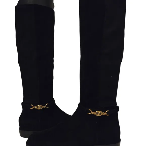 Sam Edelman Clive Black Knee-High Dress Boots with Gold Accent
