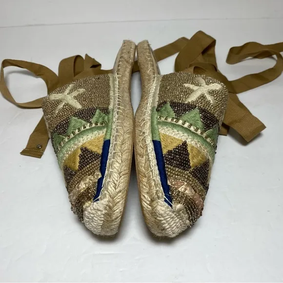 Sam Edelman Karolyn Multicolor Beaded Ankle Ribbon Tie Espadrille Sandals Size 9