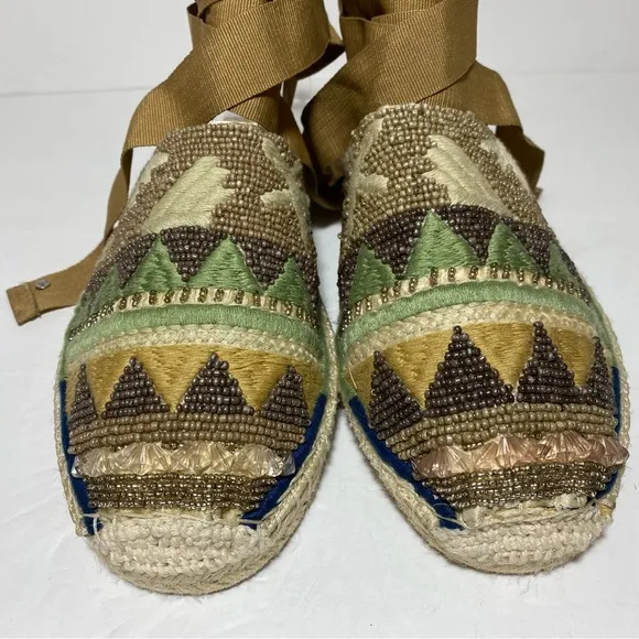 Sam Edelman Karolyn Multicolor Beaded Ankle Ribbon Tie Espadrille Sandals Size 9