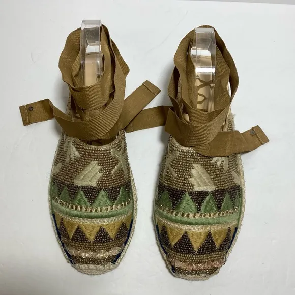 Sam Edelman Karolyn Multicolor Beaded Ankle Ribbon Tie Espadrille Sandals Size 9