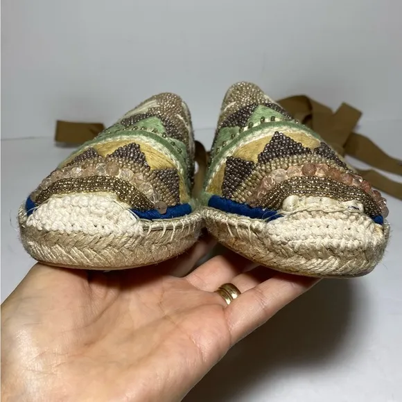 Sam Edelman Karolyn Multicolor Beaded Ankle Ribbon Tie Espadrille Sandals Size 9