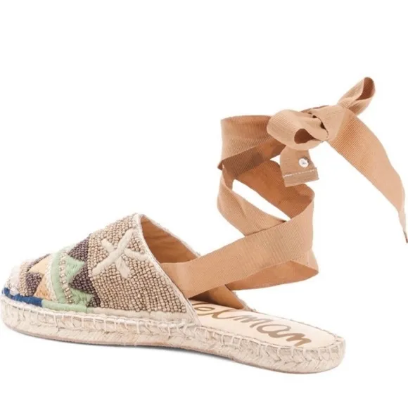 Sam Edelman Karolyn Multicolor Beaded Ankle Ribbon Tie Espadrille Sandals Size 9
