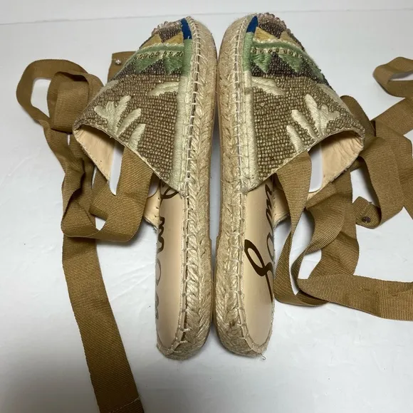 Sam Edelman Karolyn Multicolor Beaded Ankle Ribbon Tie Espadrille Sandals Size 9