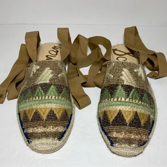 Sam Edelman Karolyn Multicolor Beaded Ankle Ribbon Tie Espadrille Sandals Size 9