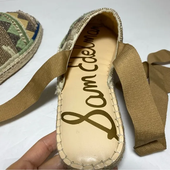 Sam Edelman Karolyn Multicolor Beaded Ankle Ribbon Tie Espadrille Sandals Size 9