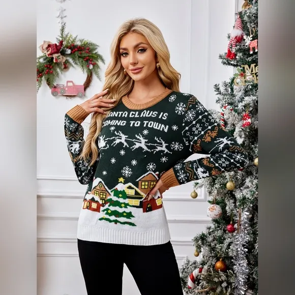 Santa Claus Coming to Town Holiday Top Long Sleeve Shirt Pullover Knit Sweater