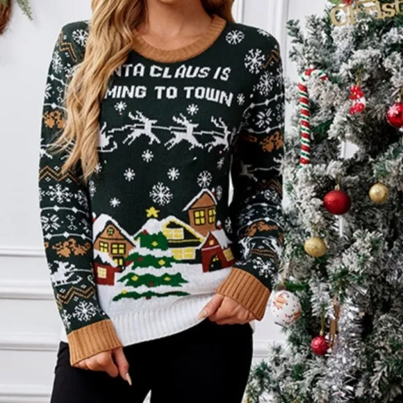 Santa Claus Coming to Town Holiday Top Long Sleeve Shirt Pullover Knit Sweater