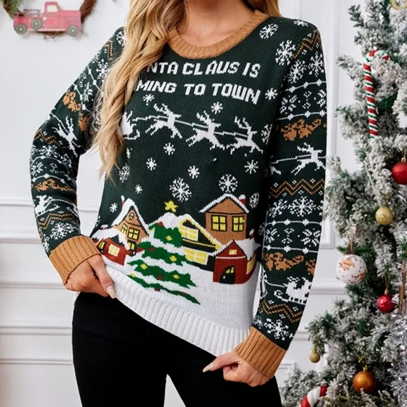 Santa Claus Coming to Town Holiday Top Long Sleeve Shirt Pullover Knit Sweater