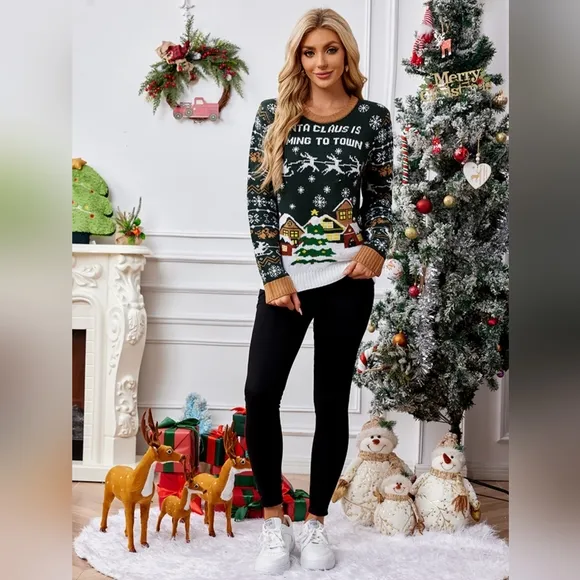Santa Claus Coming to Town Holiday Top Long Sleeve Shirt Pullover Knit Sweater