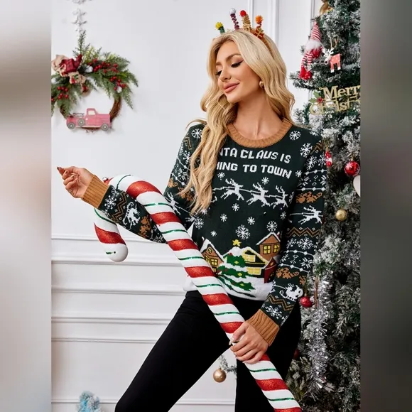 Santa Claus Coming to Town Holiday Top Long Sleeve Shirt Pullover Knit Sweater