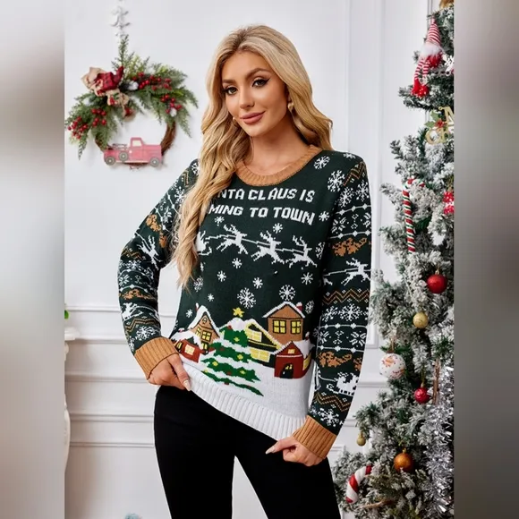 Santa Claus Coming to Town Holiday Top Long Sleeve Shirt Pullover Knit Sweater