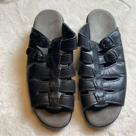 SAS Tripod Comfort Black Leather Slip On Sandals Size 10 N