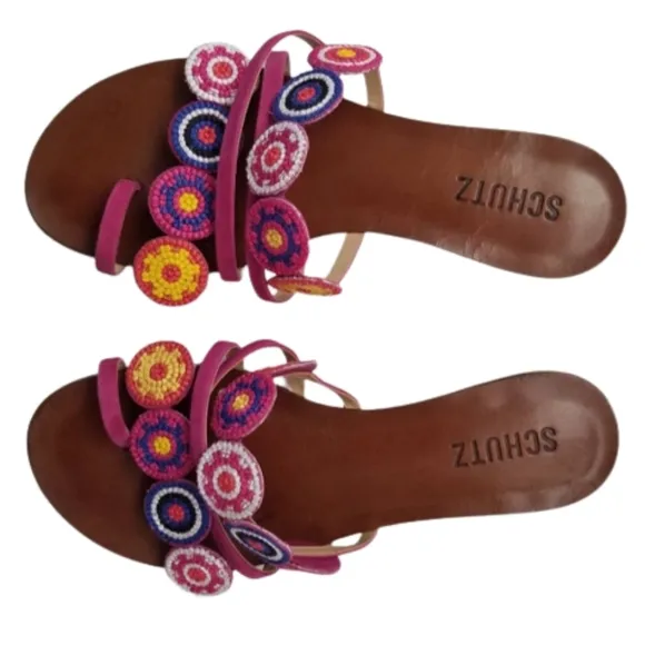 Schutz Embroidered Beaded Slip On Sandal Shoe Size 7