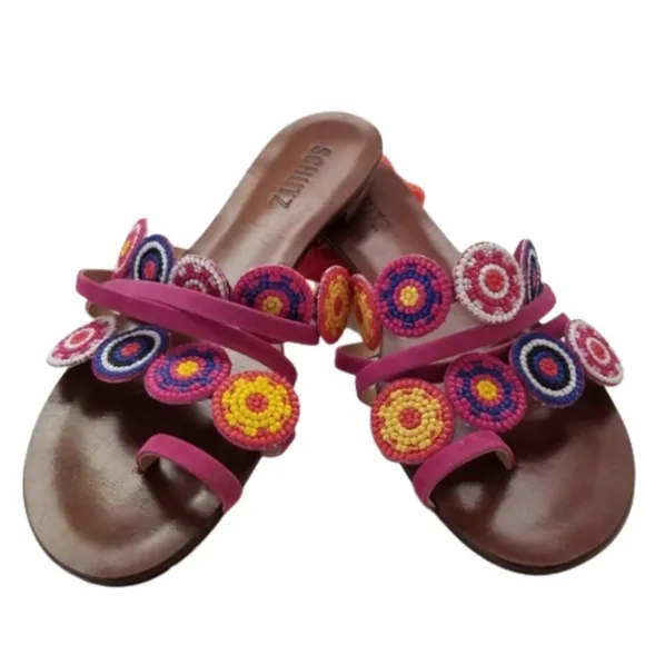 Schutz Embroidered Beaded Slip On Sandal Shoe Size 7