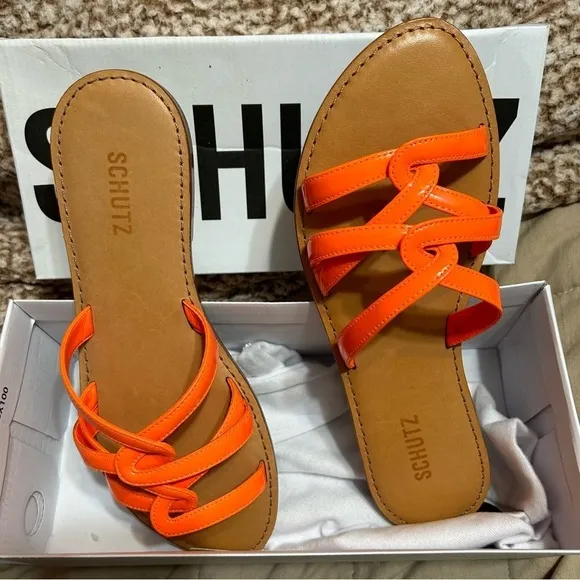 Schutz Lyra Slide Neon Orange Leather Sandal NEW NWT​