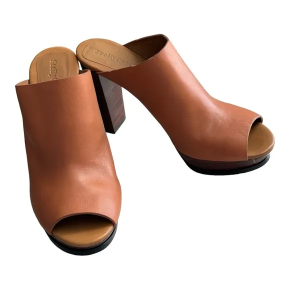 See by Chloe Women's Alex Leather Clog Platform Sandals Brown Size 40 EU/10 US