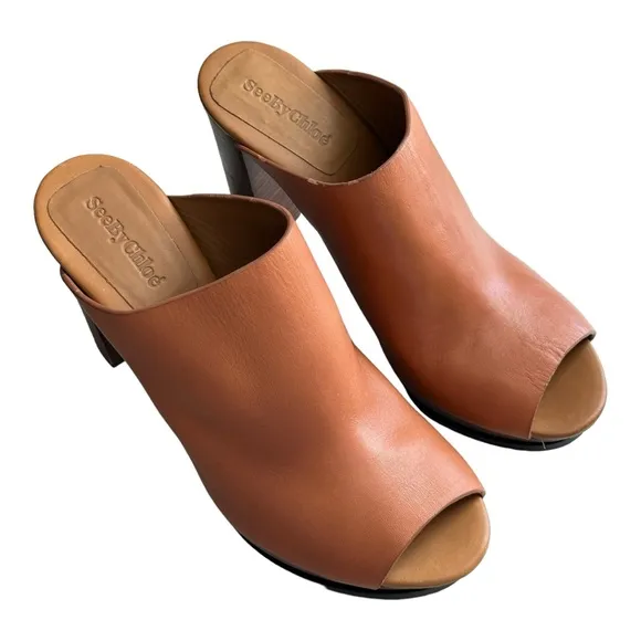 See by Chloe Women's Alex Leather Clog Platform Sandals Brown Size 40 EU/10 US