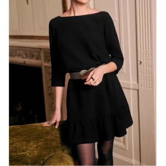 Sezane Auberie Ruffle Hem Bateau Neck Mini Dress Black