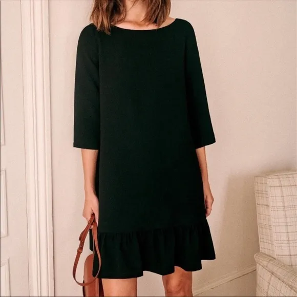 Sezane Auberie Ruffle Hem Bateau Neck Mini Dress Black