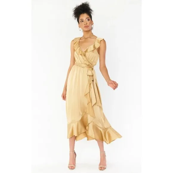Show Me Your MuMu Womens Samantha Ruffle Wrap Dress True‎ Gold Luxe Satin Medium