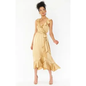 Show Me Your MuMu Womens Samantha Ruffle Wrap Dress True‎ Gold Luxe Satin Medium