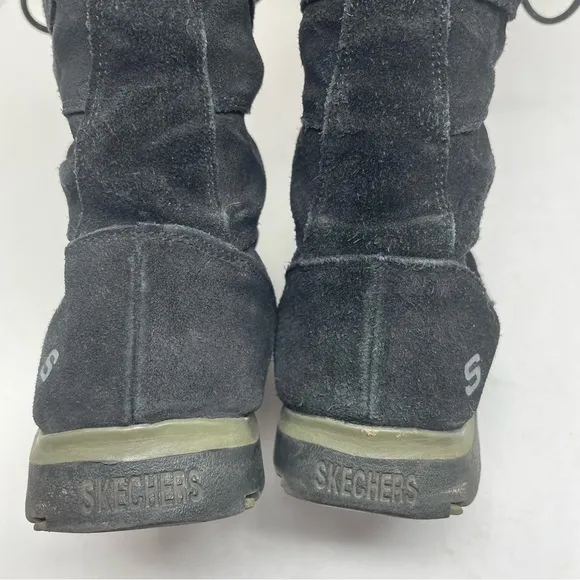 Skechers Winter Boots Leather Lace Up Faux Fur Black sz 9