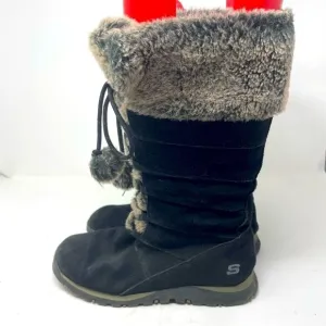 Skechers Winter Boots Leather Lace Up Faux Fur Black sz 9
