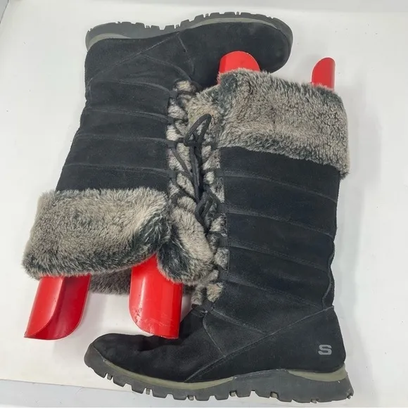 Skechers Winter Boots Leather Lace Up Faux Fur Black sz 9