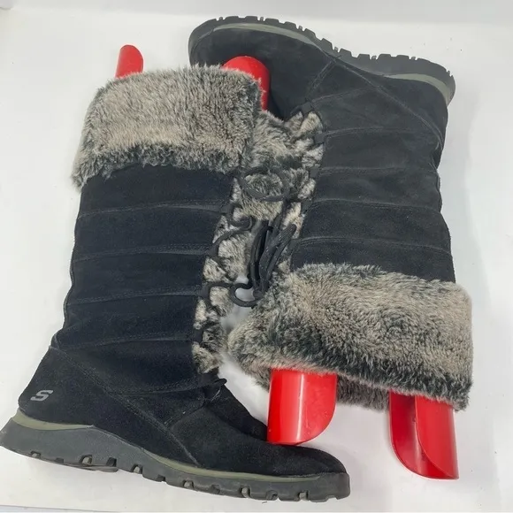 Skechers Winter Boots Leather Lace Up Faux Fur Black sz 9