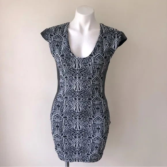 SKY BYZNA Open Back Leather Trim Bodycon Mini Dress, M NWT