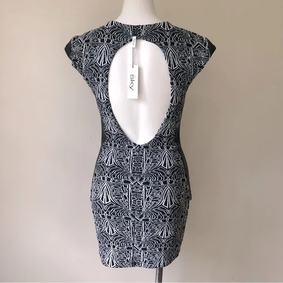 SKY BYZNA Open Back Leather Trim Bodycon Mini Dress, M NWT