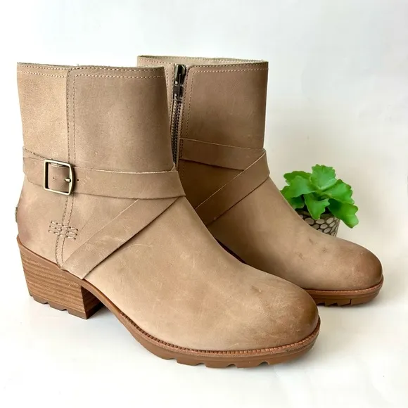 Sorel Cate Buckle Boots in Sandy Tan Waterproof Leather