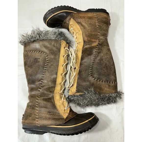 Sorel Cate The Great Brown Leather Waterproof Tall Winter Insulated Boots Size 7