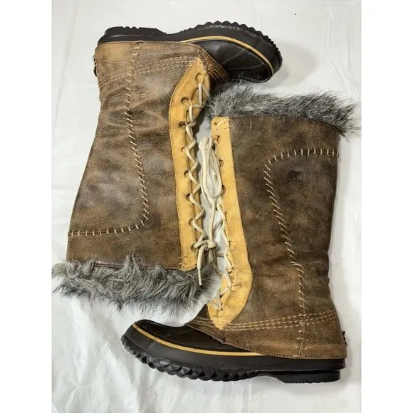 Sorel Cate The Great Brown Leather Waterproof Tall Winter Insulated Boots Size 7
