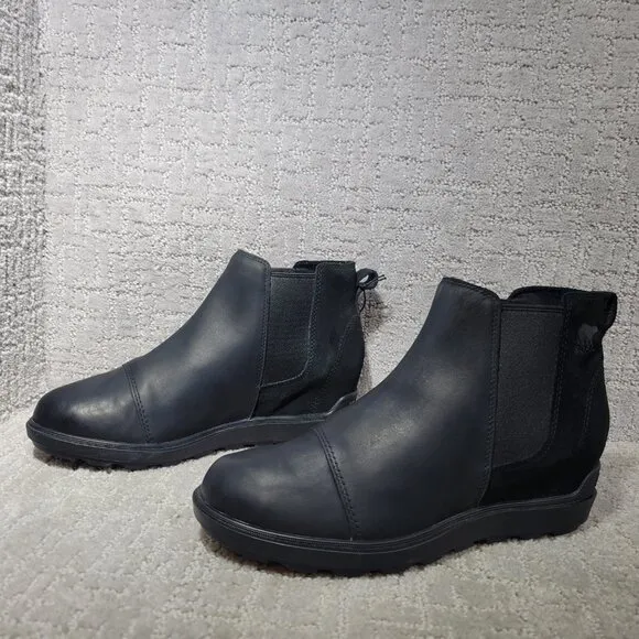 Sorel Evie II Women's Size US 9.5 Black Leather Waterproof Side Zip Ankle Boots.
