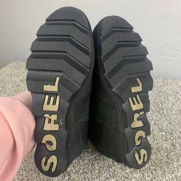 Sorel Joan of Arctic Bootie Womens Size 8 Black Chelsea Suede Wedge Boots