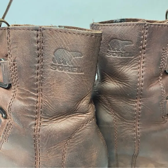 Sorel Joan of Arctic II Cattail Brown Leather Lace Up Wedge Boots, size 5.5