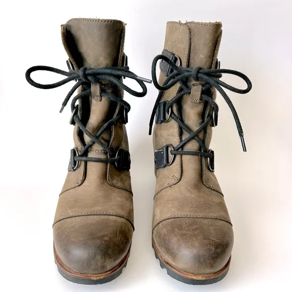 Sorel Joan of Arctic Leather Wedge Boot Tobacco Brown Leather Lace-Up Size 6.5