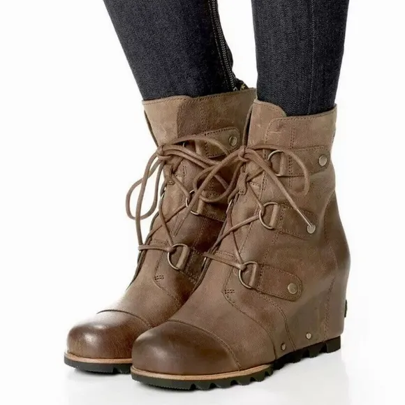 Sorel Joan of Arctic Leather Wedge Boot Tobacco Brown Leather Lace-Up Size 6.5