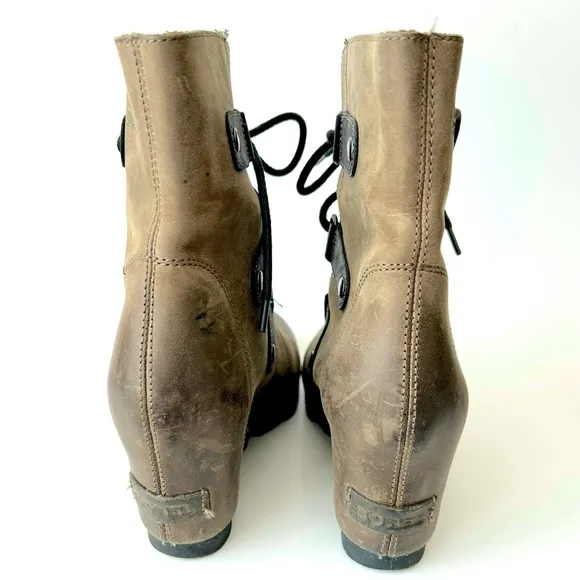 Sorel Joan of Arctic Leather Wedge Boot Tobacco Brown Leather Lace-Up Size 6.5