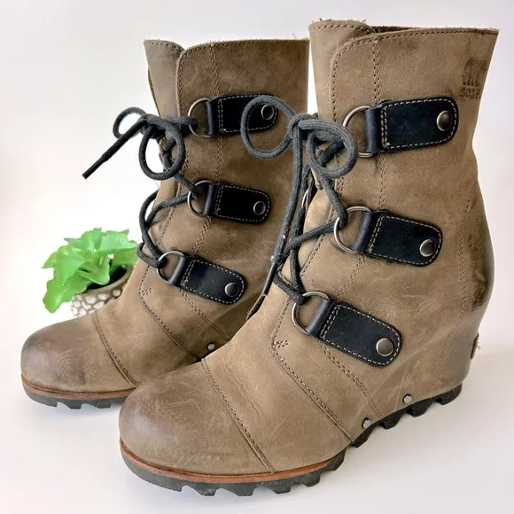 Sorel Joan of Arctic Leather Wedge Boot Tobacco Brown Leather Lace-Up Size 6.5