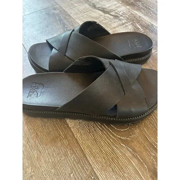 Sorel Leather Sandals Cameron Platform Mule Black Women’s Size 8 Slip On
